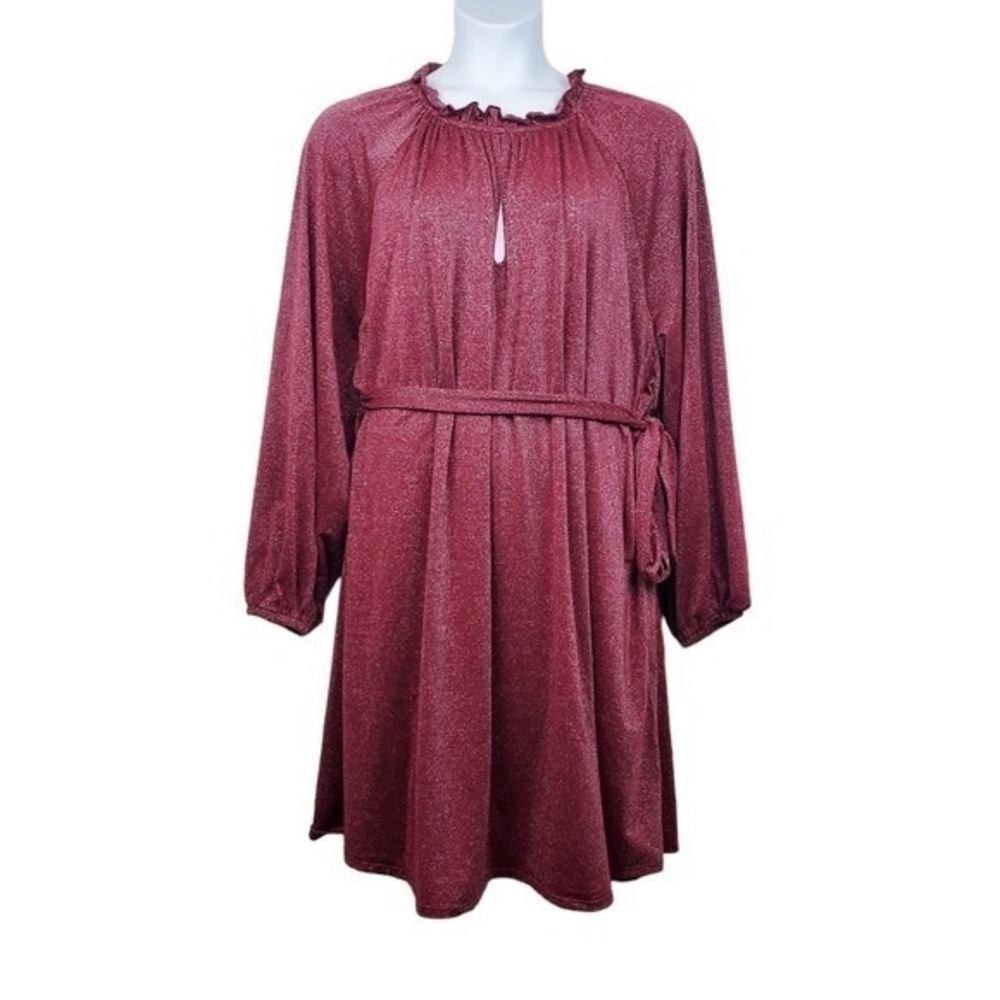 Eloquii Womens Long Sleeve Burgundy Red Shimmer Tie Waist Dress Size 22/24 NWT
